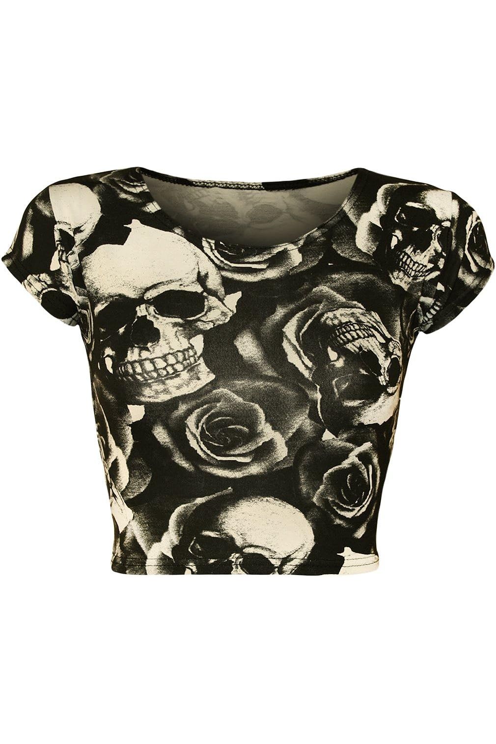 Printed Cap Sleeve Crop Top Tops WearAll Skull Roses 8-10