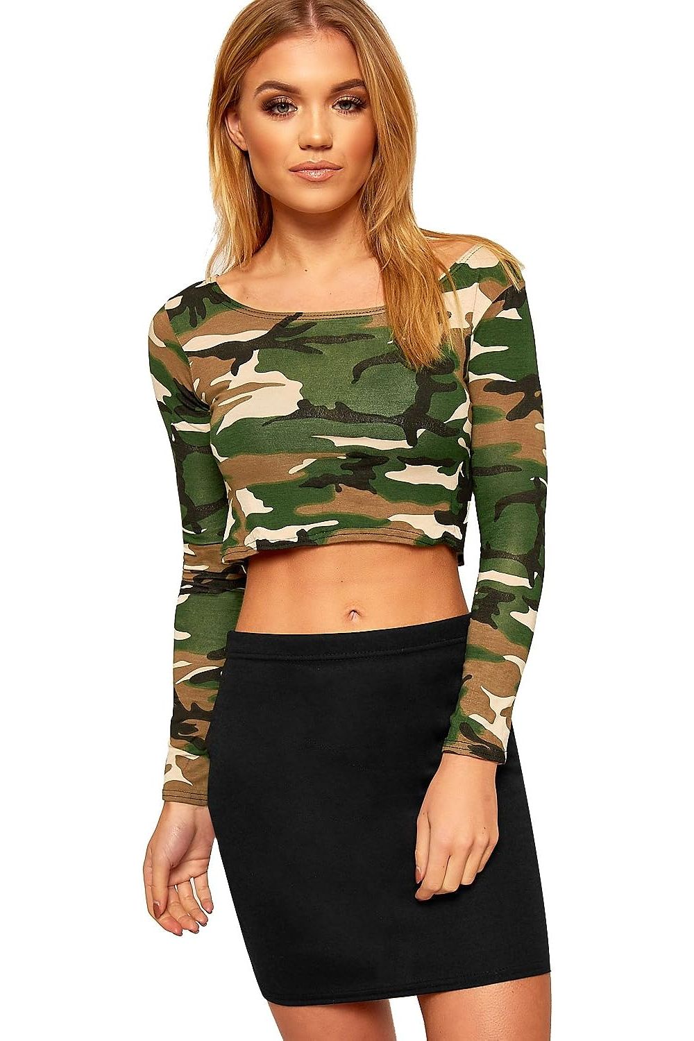 Long Sleeve Printed Crop Top Tops WearAll Camouflage 8-10