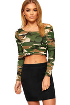 Long Sleeve Printed Crop Top Tops WearAll Camouflage 8-10