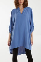 V-Neck Button Sleeve Long Top Tops WearAll Denim One Size