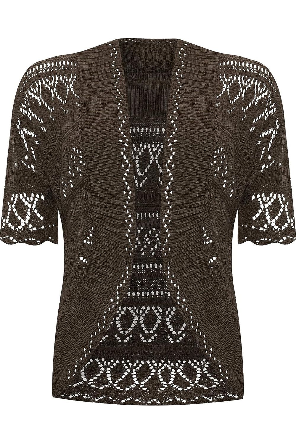 Plus Size Knitted Crochet Short Sleeve Shrug Tops WearAll Dark Brown 16-18