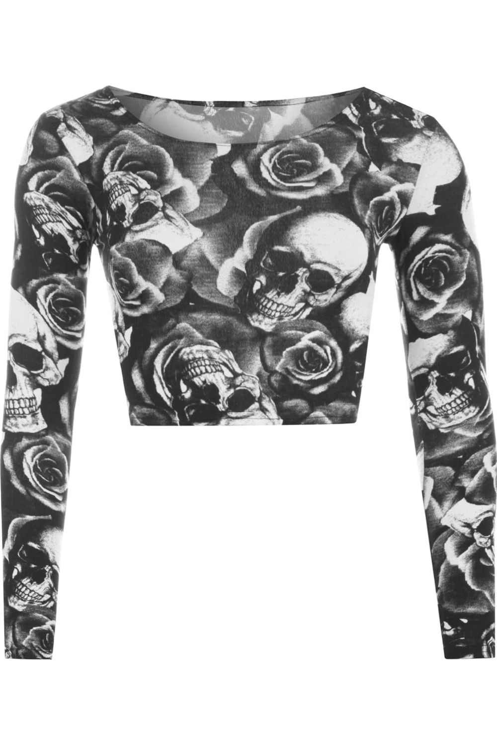 Long Sleeve Printed Crop Top Tops WearAll Skull Rose 8-10