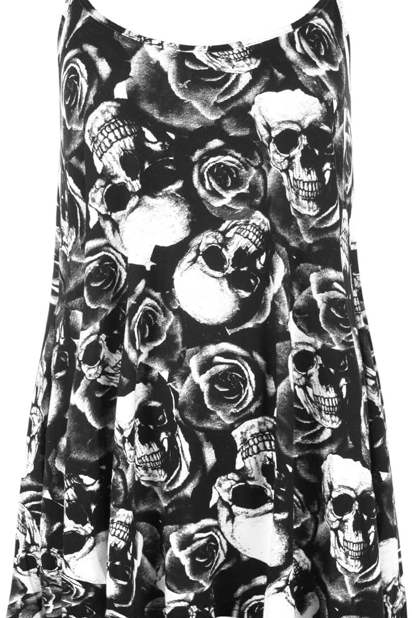 Skull Rose Print Plain Swing Cami Vest Top Top WearAll