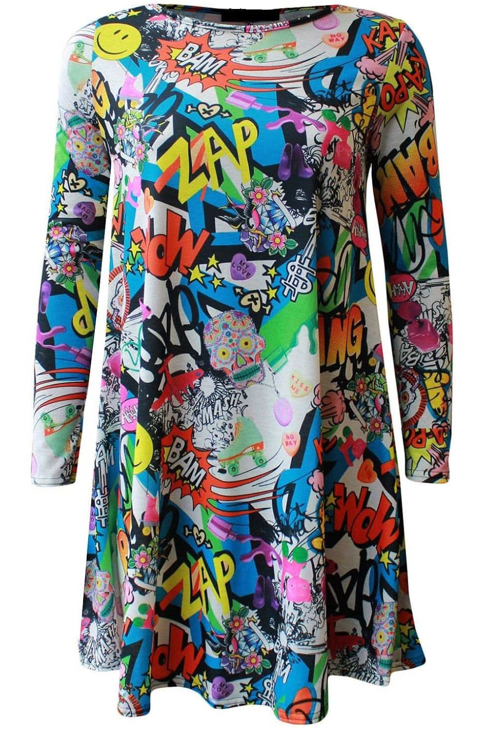 Plus Size Bang Print Long Sleeve Swing Dress Top Dress WearAll