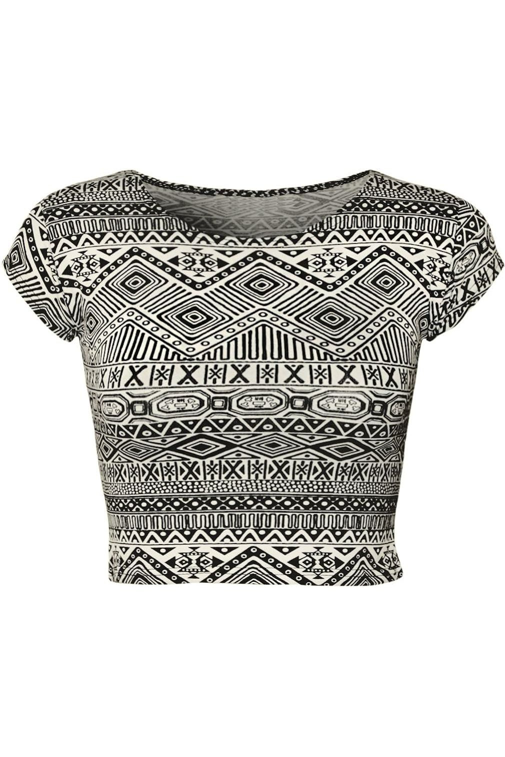 Printed Cap Sleeve Crop Top Tops WearAll Aztec 8-10