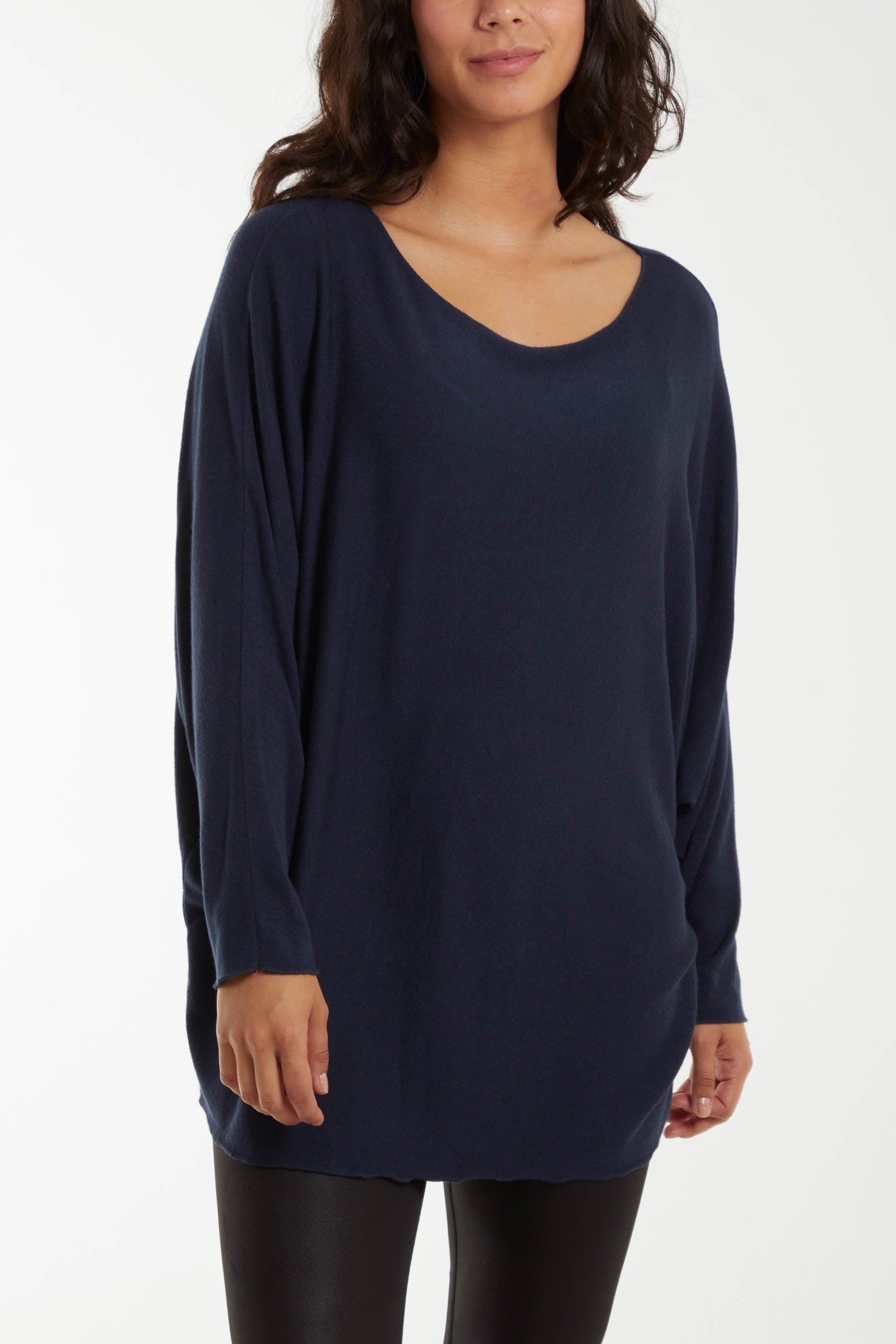 Round Neck Batwing Fine Knit Jumper Jumpers WearAll Navy One Size