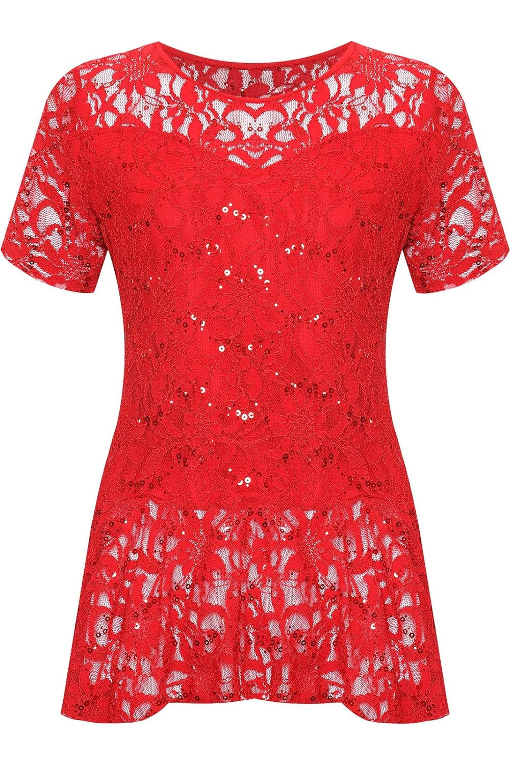 Lace Sequin Peplum Frill Top Tops WearAll Red 14