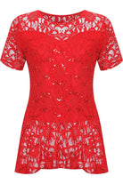 Lace Sequin Peplum Frill Top Tops WearAll Red 14