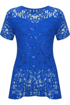 Lace Sequin Peplum Frill Top Tops WearAll Royal Blue 14