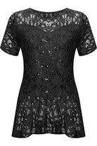 Lace Sequin Peplum Frill Top Tops WearAll Black 14