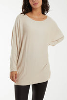 Round Neck Batwing Fine Knit Jumper Jumpers WearAll Beige One Size