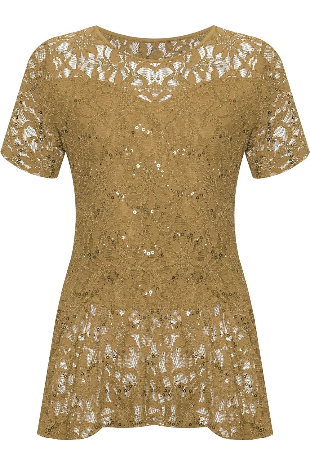 Lace Sequin Peplum Frill Top Tops WearAll Gold 14