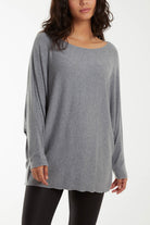 Round Neck Batwing Fine Knit Jumper Jumpers WearAll Grey One Size