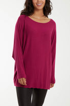 Round Neck Batwing Fine Knit Jumper Jumpers WearAll Magenta One Size