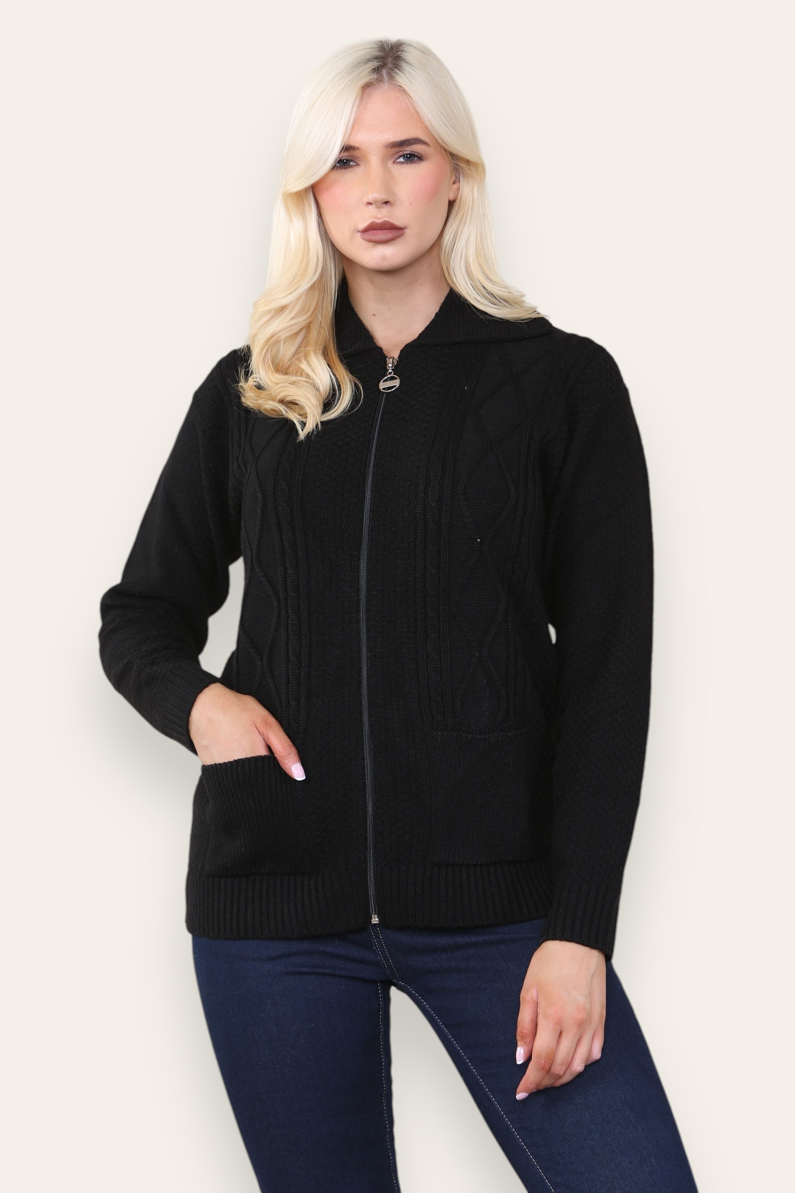 Zip Up Long Sleeve Cardigan Knitted Cardigan WearAll Black 8-10