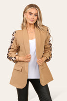 Women's Blazer Leopard Arm Print Jacket Coat Jackets & Coat WearAll Camel M