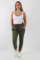 Italian Plain Basic Drawstring Joggers Cotton Trousers Trousers WearAll Dark Khaki 8