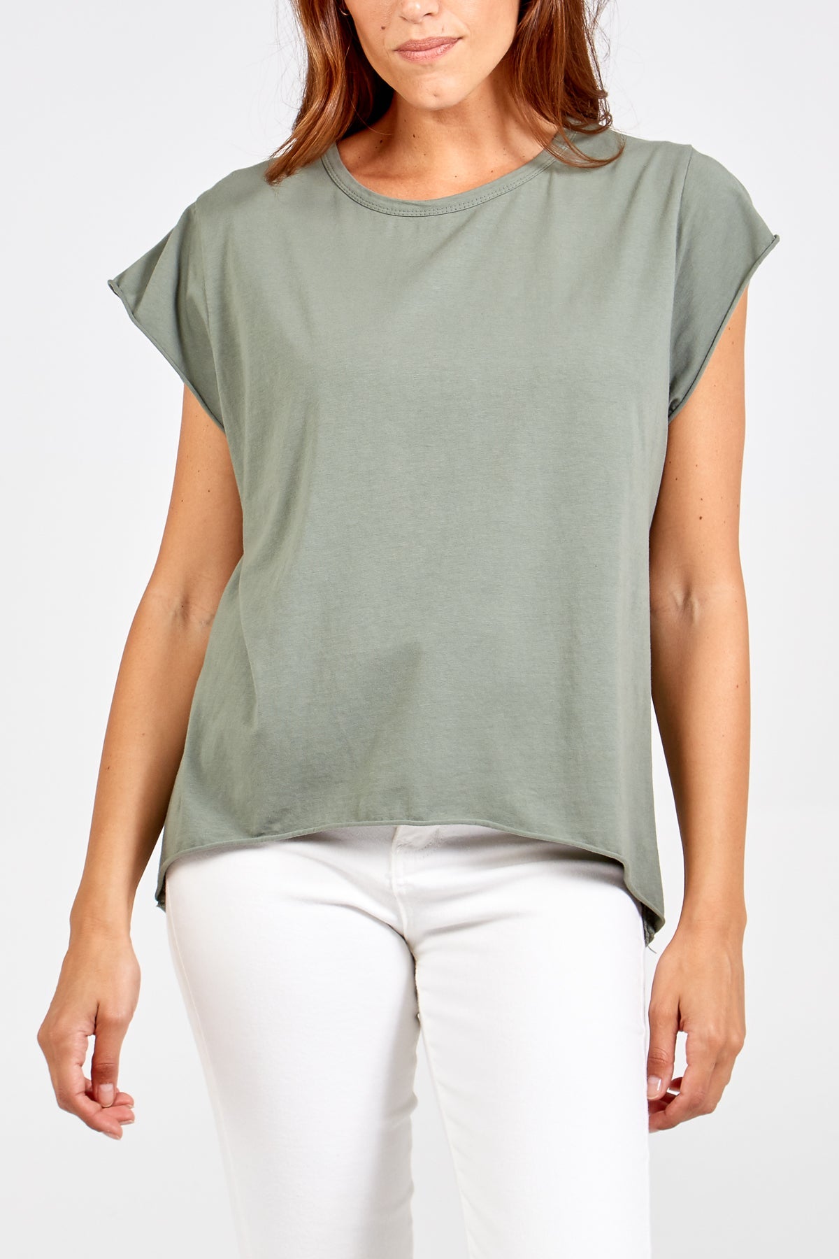 Cap Sleeve High Low Rolled Edge Top TOPMF2 WearAll Khaki One Size