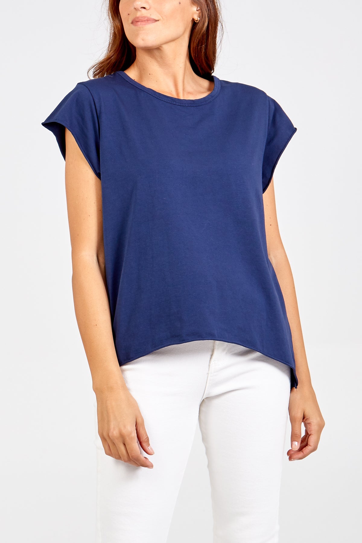 Cap Sleeve High Low Rolled Edge Top TOPMF2 WearAll Navy One Size