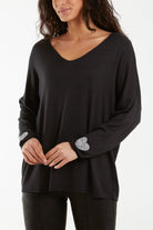 Appliqued Heart Sleeves Fine Knit Jumper Jumpers WearAll Black One Size