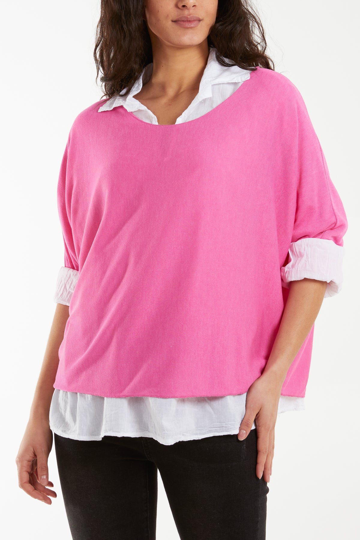 Double Layer Fine Knit and Cotton Shirt Jumpers WearAll Hot Pink One Size