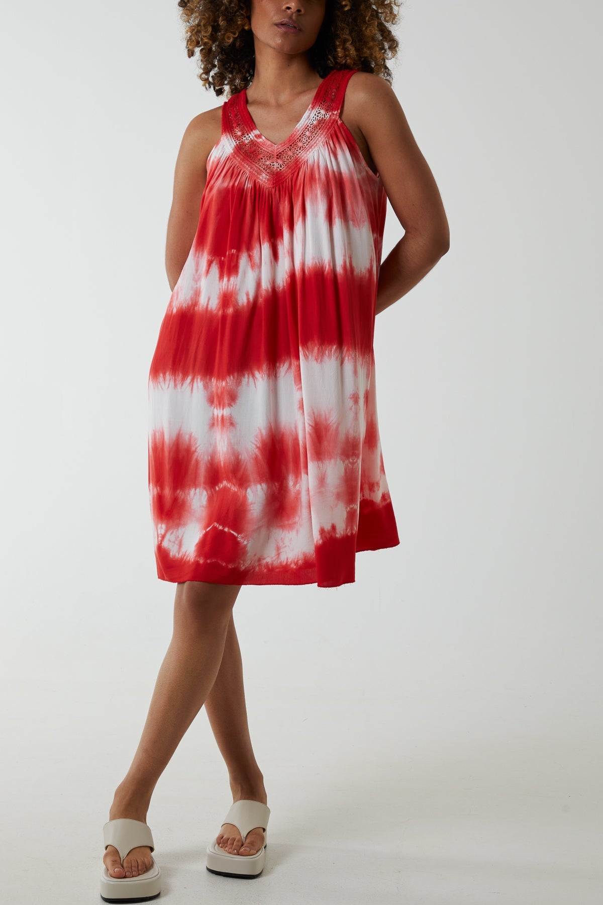 Tie Dye Dress With Crochet Neck Line DMF2 WearAll Red One Size