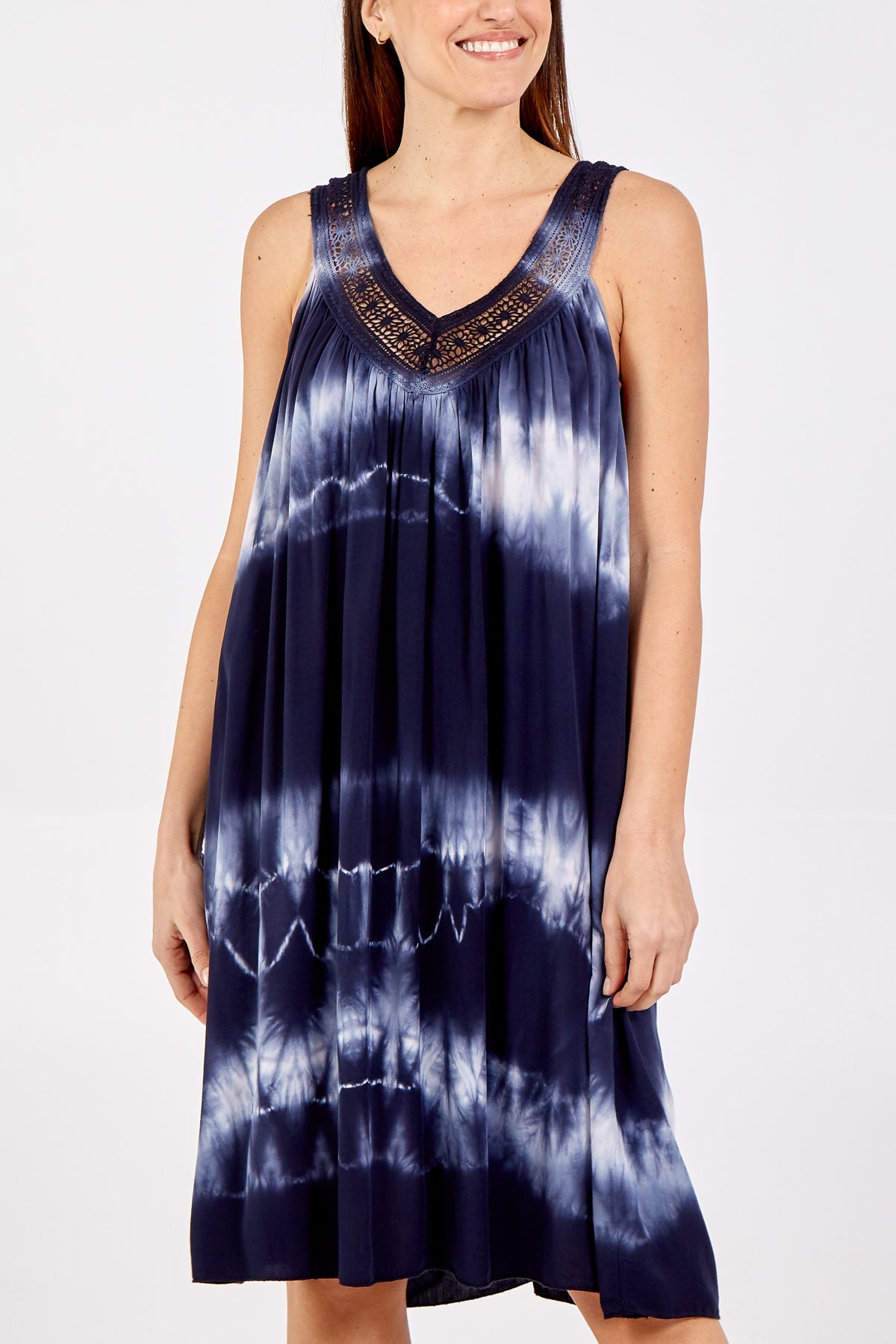 Tie Dye Dress With Crochet Neck Line DMF2 WearAll Navy One Size