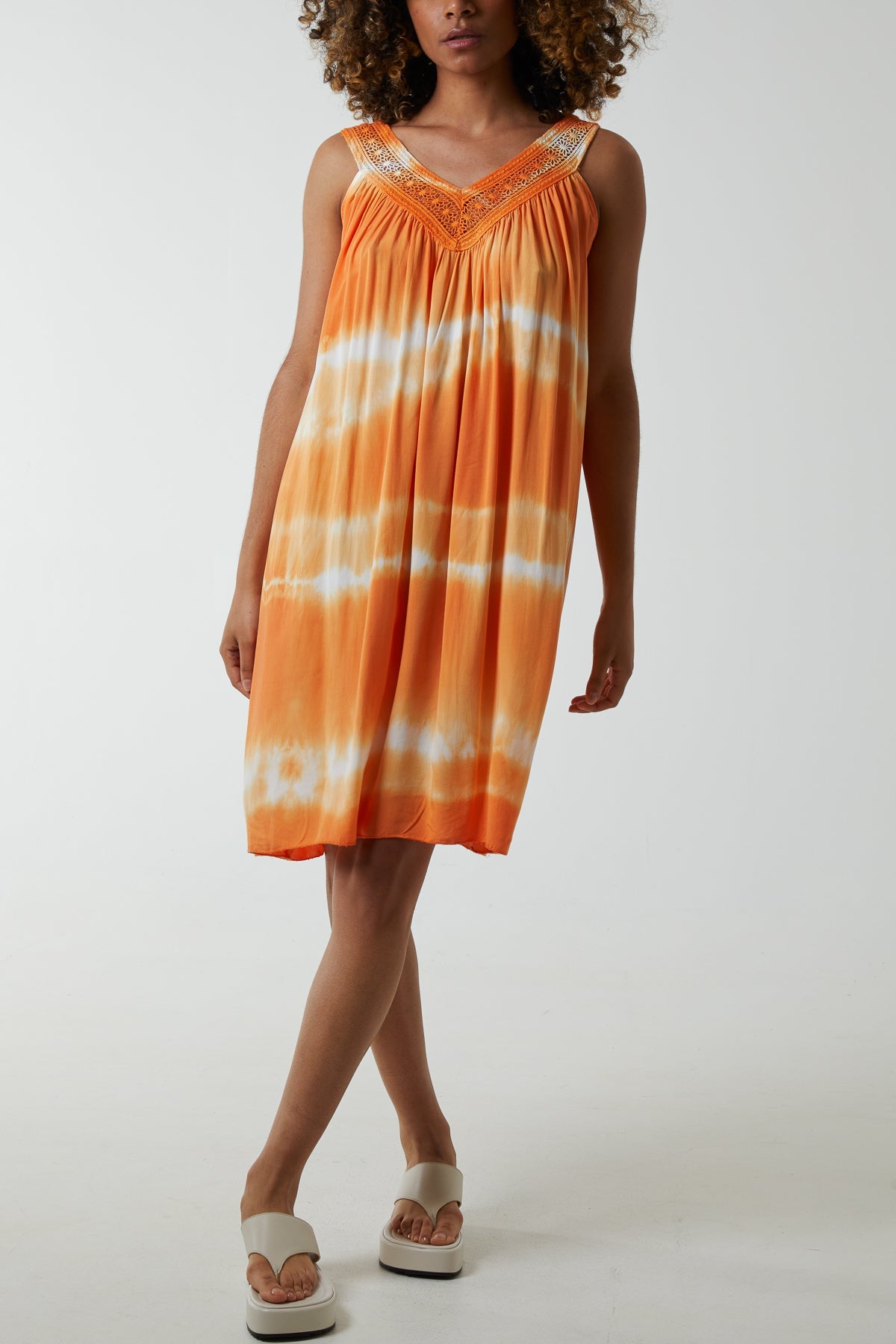 Tie Dye Dress With Crochet Neck Line DMF2 WearAll Orange One Size