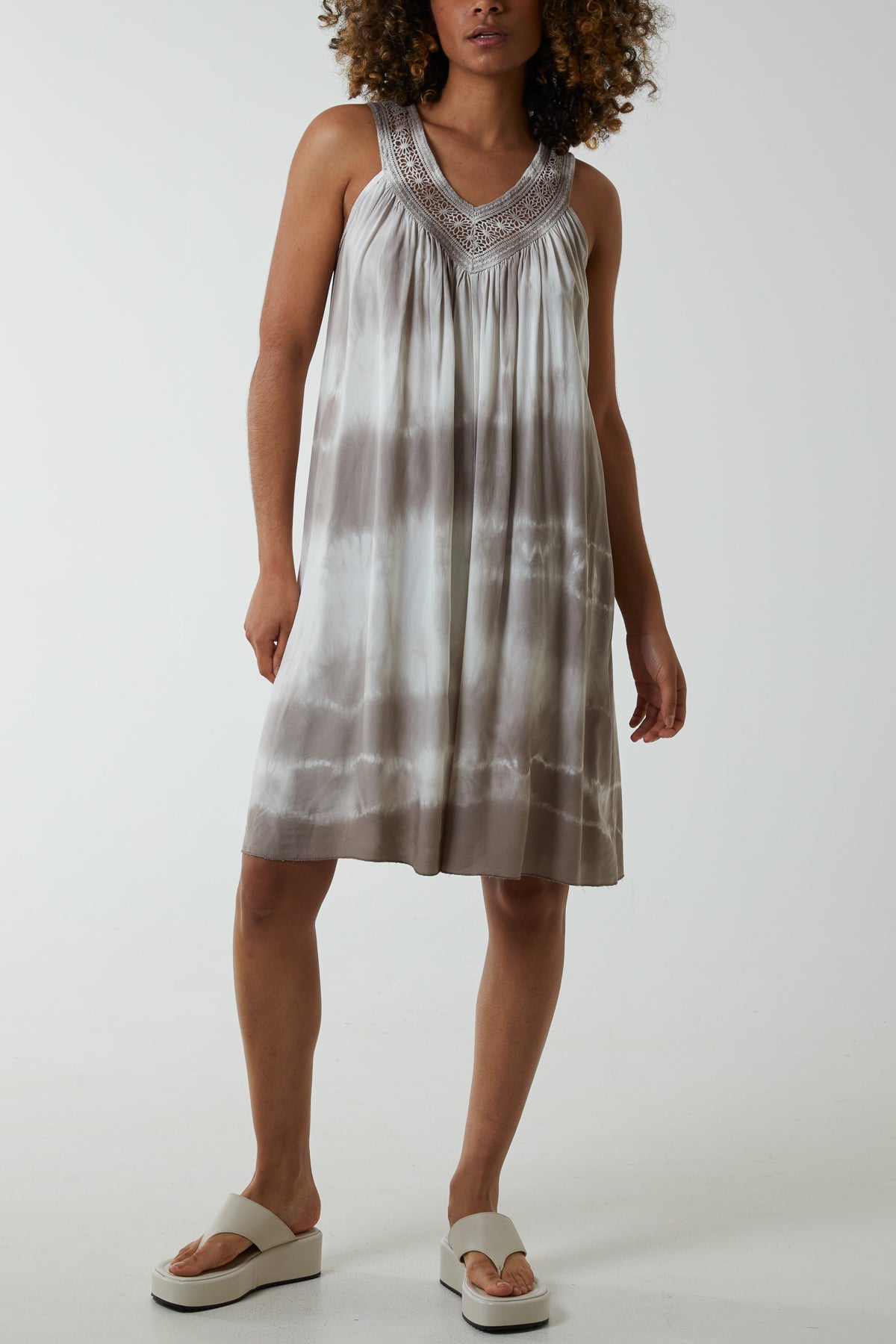 Tie Dye Dress With Crochet Neck Line DMF2 WearAll Mocha One Size