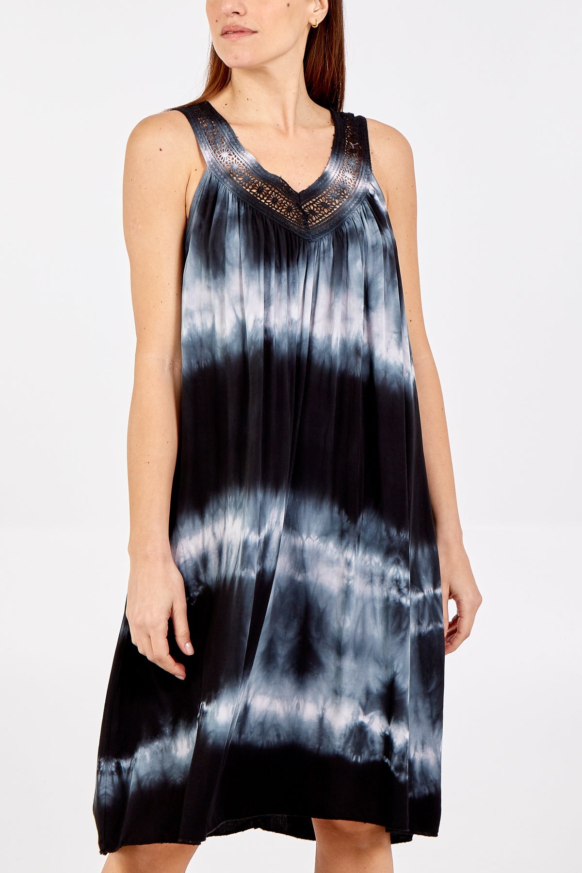 Tie Dye Dress With Crochet Neck Line DMF2 WearAll Black One Size