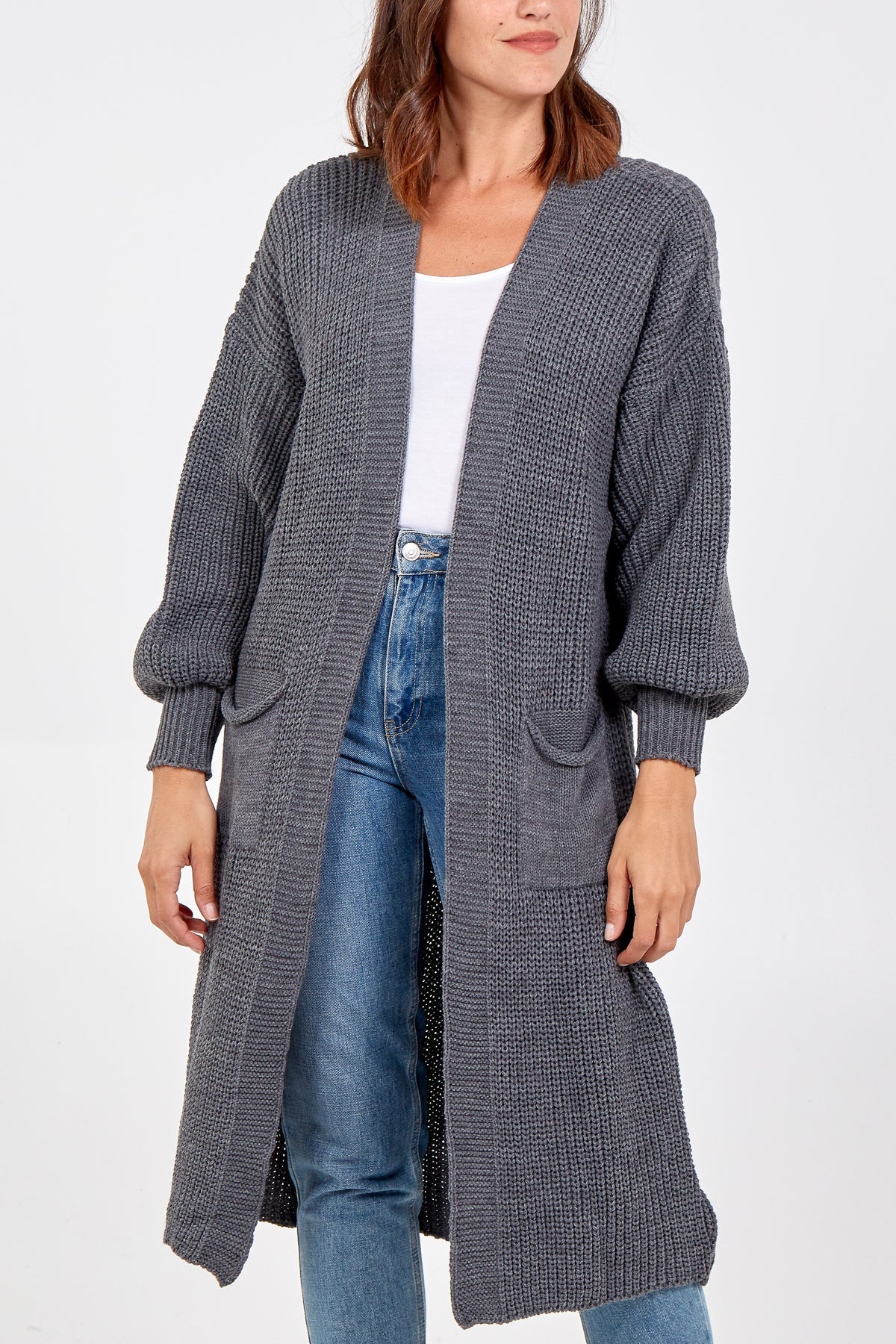 Open Front Balloon Sleeve Long Cardigan cardigan WearAll