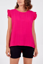 Linen Look Top Back Button TOPMF2 WearAll Hot Pink One Size