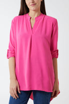 V-Neck Poly Crepe Roll Sleeve Blouse TOPMF2 WearAll Fuchsia One Size