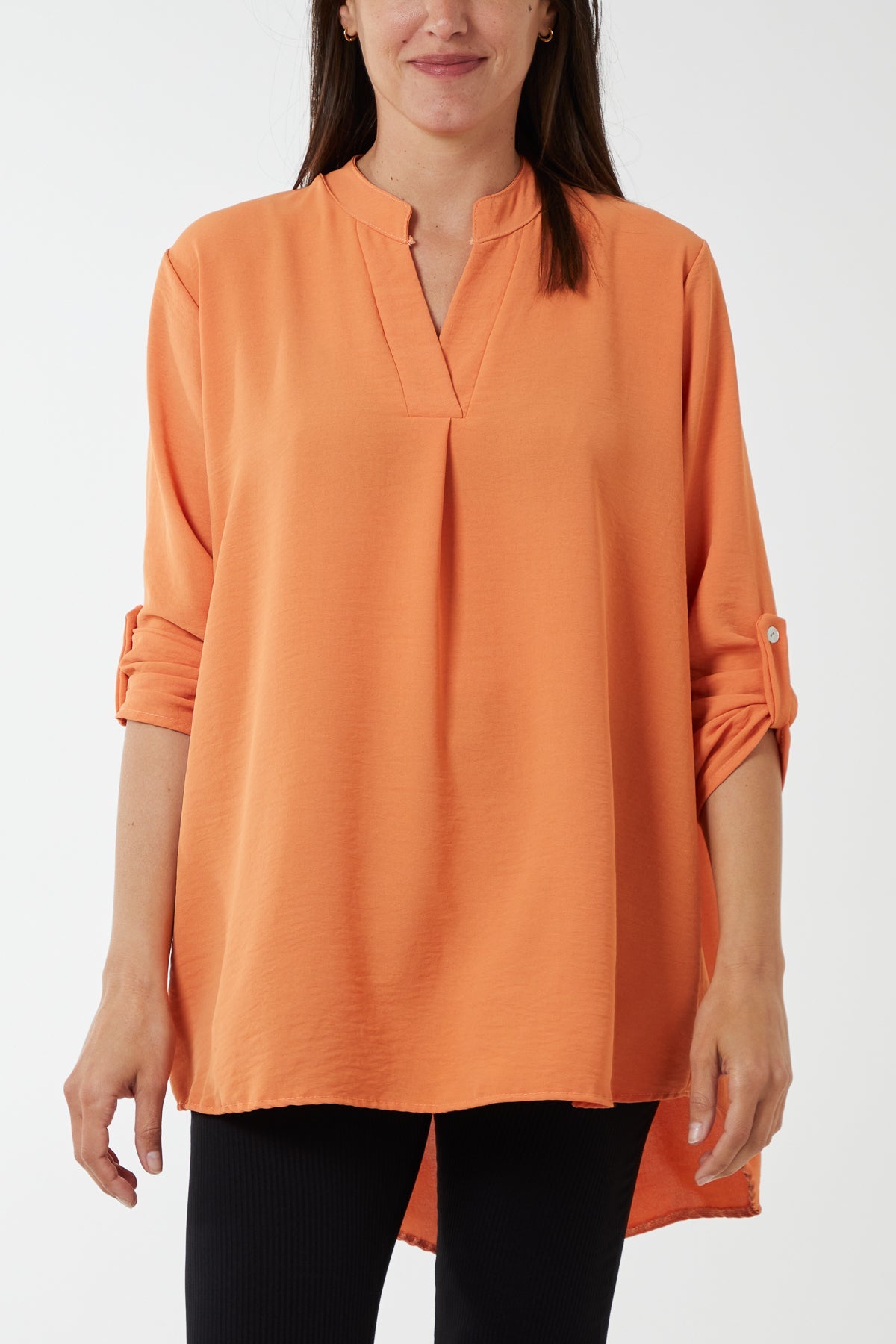 V-Neck Poly Crepe Roll Sleeve Blouse TOPMF2 WearAll Orange One Size