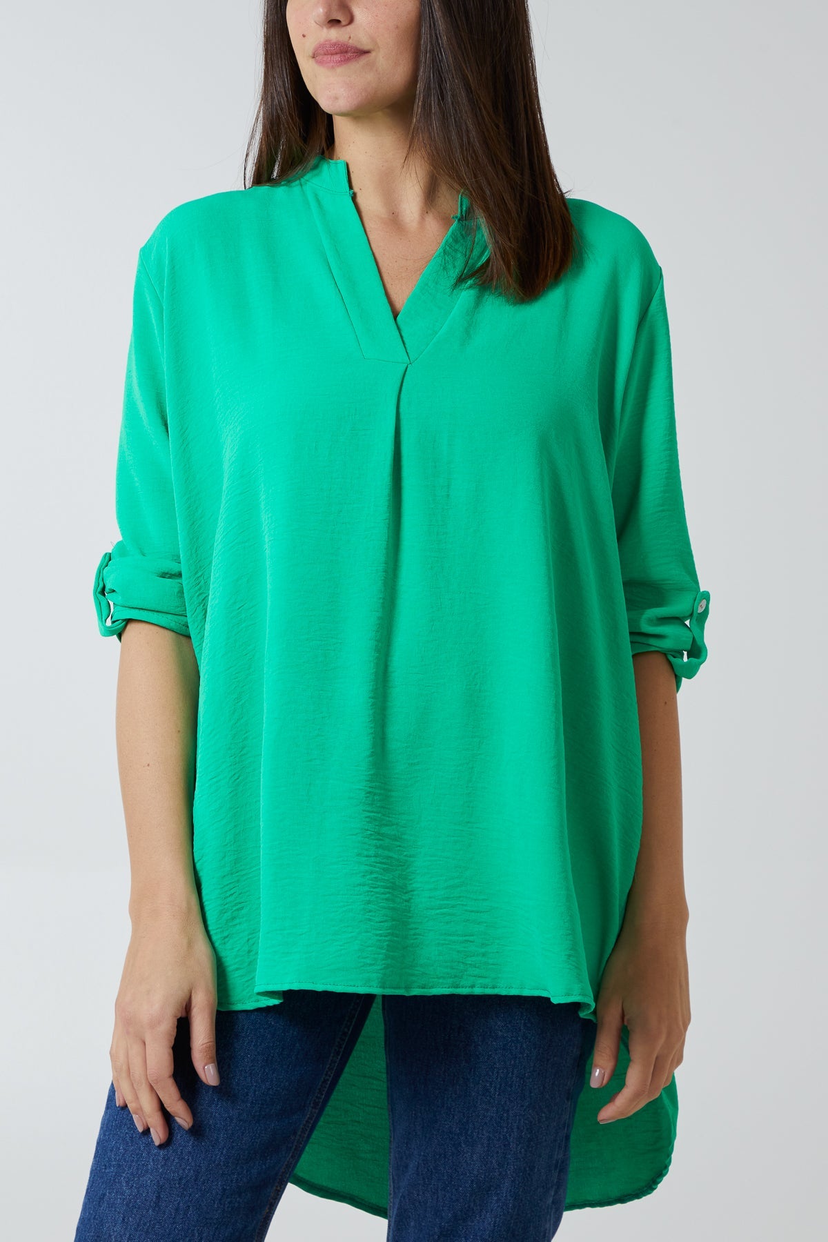 V-Neck Poly Crepe Roll Sleeve Blouse TOPMF2 WearAll Apple Green One Size