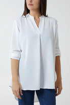 V-Neck Poly Crepe Roll Sleeve Blouse TOPMF2 WearAll Ivory One Size