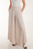 Shirred Deep Waist Band Wide Culottes TRS1 WearAll Beige One Size