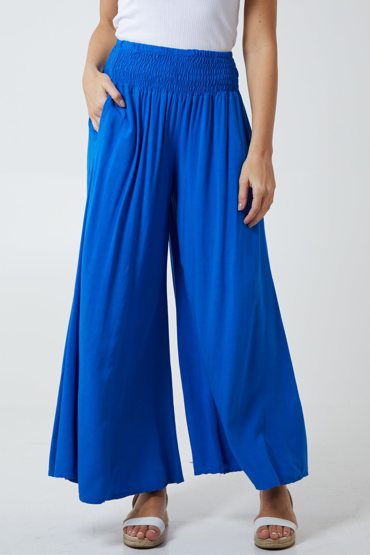 Shirred Deep Waist Band Wide Culottes TRS1 WearAll Royal Blue One Size