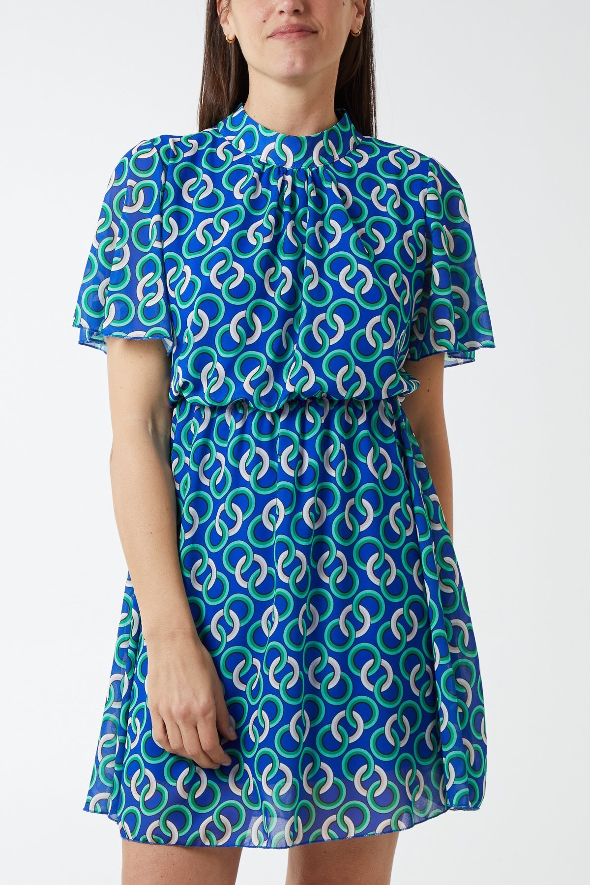 High Neck Geometrical Chain Print Dress DMF2 WearAll Royal Blue S/M-M/L