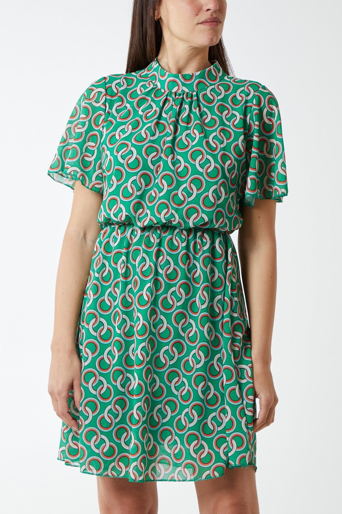 High Neck Geometrical Chain Print Dress DMF2 WearAll Green S/M-M/L