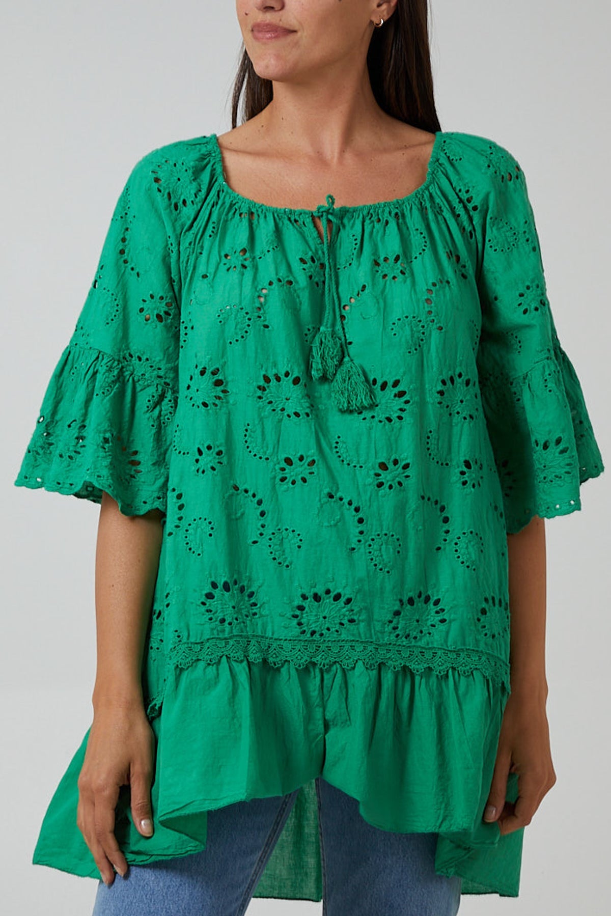 Gypsy Broderie Anglaise Flounce Hem Blouse TOPMF2 WearAll Jade One Size