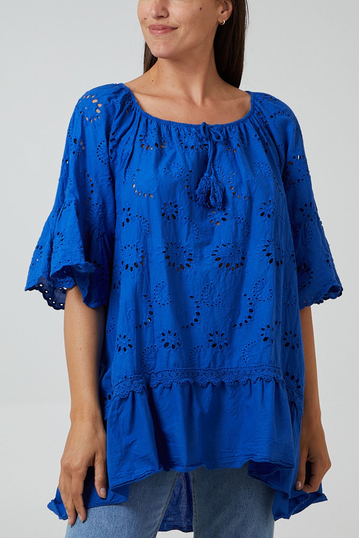 Gypsy Broderie Anglaise Flounce Hem Blouse TOPMF2 WearAll Royal Blue One Size