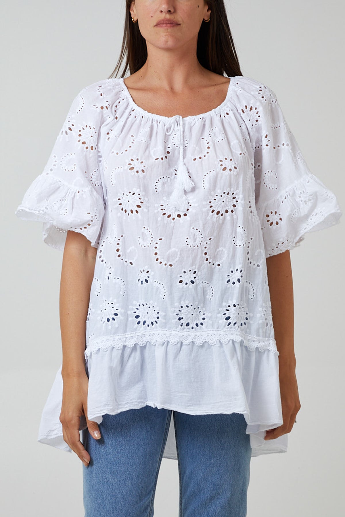 Gypsy Broderie Anglaise Flounce Hem Blouse TOPMF2 WearAll White One Size