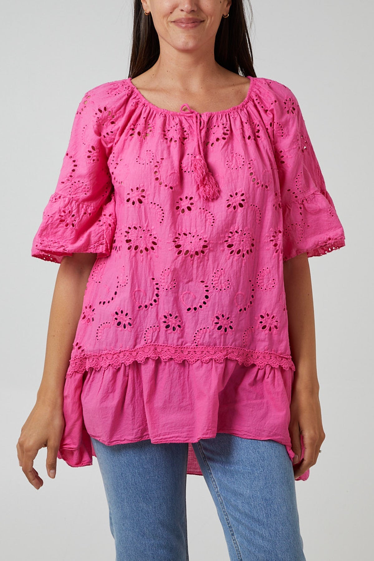 Gypsy Broderie Anglaise Flounce Hem Blouse TOPMF2 WearAll Hot Pink One Size