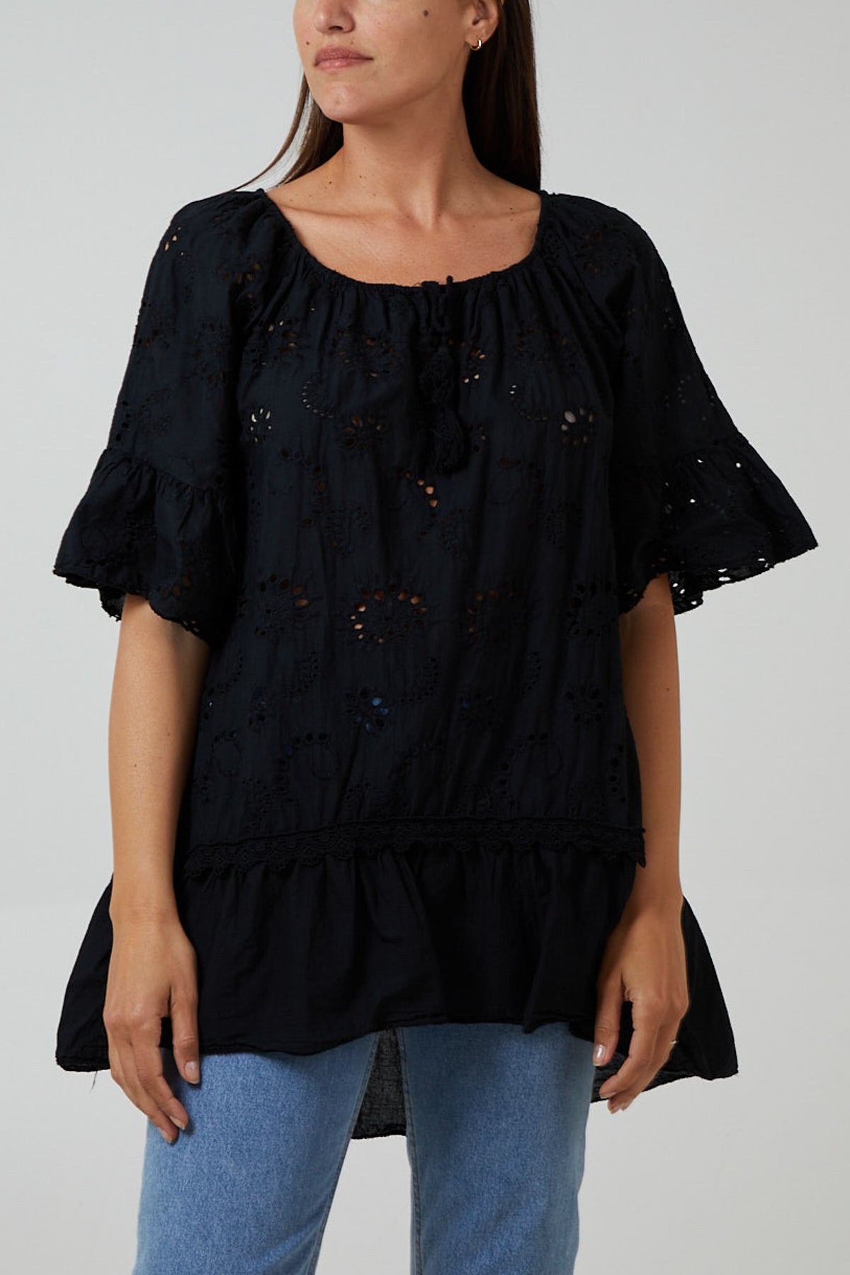 Gypsy Broderie Anglaise Flounce Hem Blouse TOPMF2 WearAll Black One Size