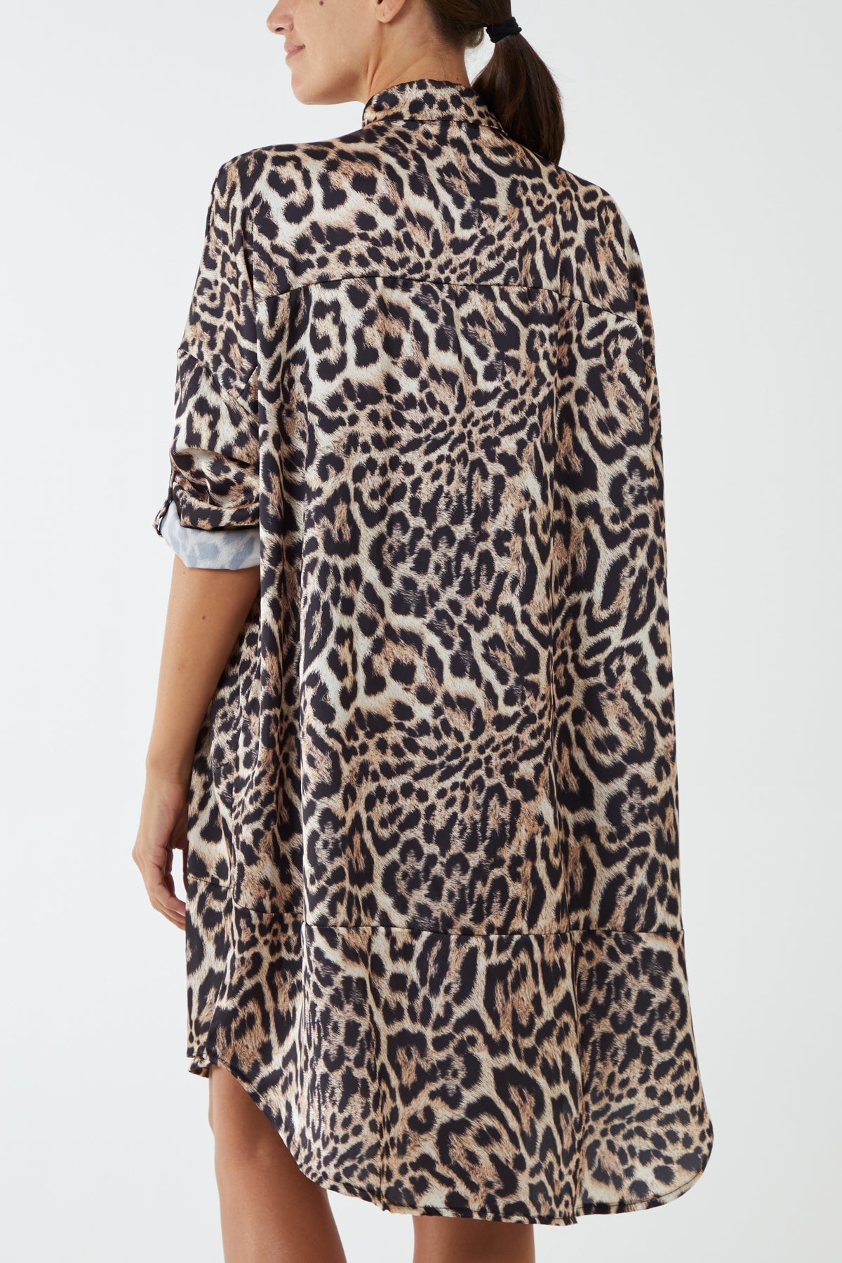 Satin Leopard Buttoned Sleeve Shirt Dress DMF2 WearAll