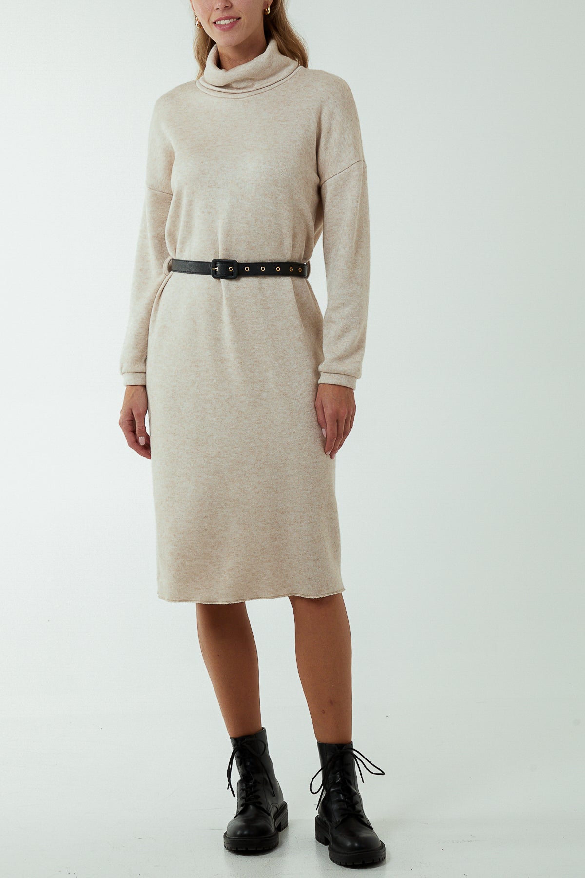 Roll Neck Belted Knitted Midi Dress DMF2 WearAll Stone One Size