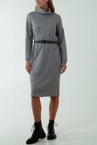 Roll Neck Belted Knitted Midi Dress DMF2 WearAll Grey One Size