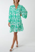 Tiered Baroque Floral Smock Print Dress DMF2 WearAll Jade One Size