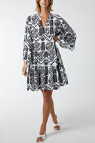 Tiered Baroque Floral Smock Print Dress DMF2 WearAll Black One Size